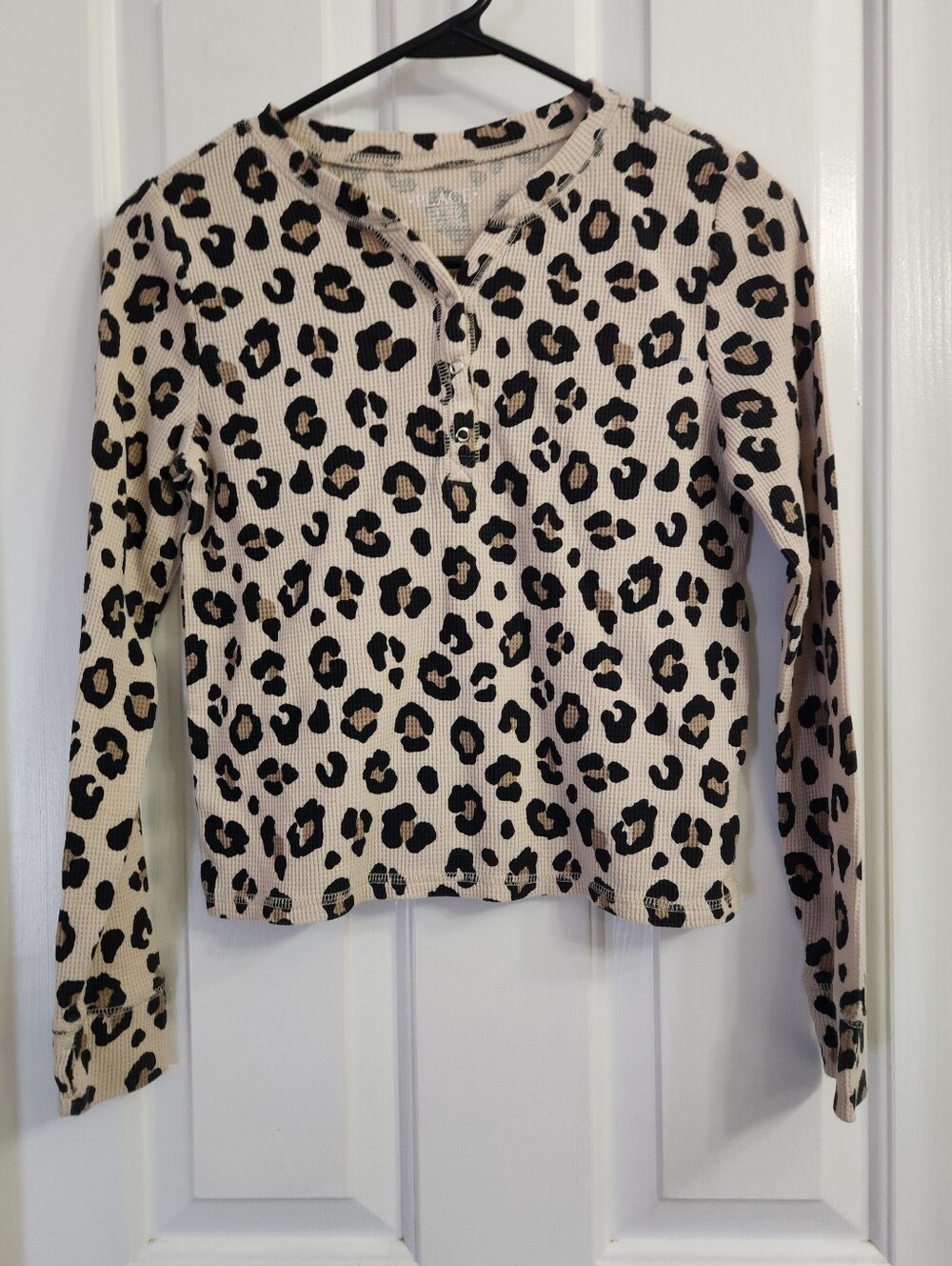 Girls' Leopard Print Henley Top - Beige/Black